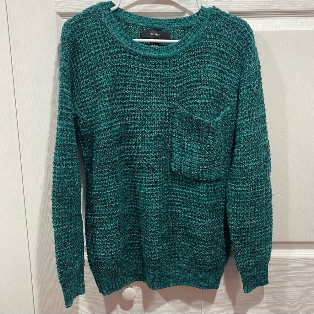 FOREVER 21 Women’s Knit Scoop-Neck Sweater with Front Pocket - green, size S